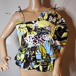 NWT Tanya Taylor Claudette Draped Floral Tank. Size 4. Green blue Zest